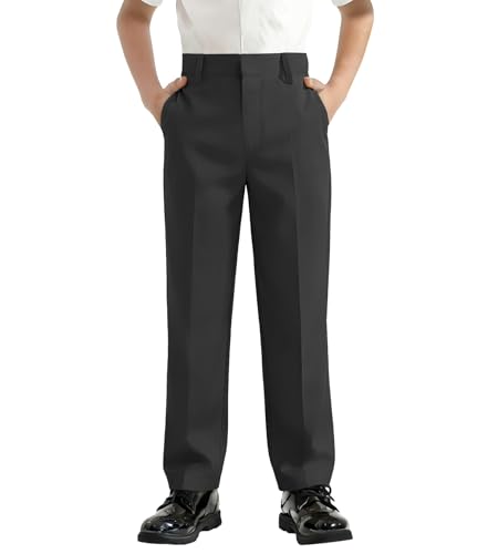 Image of QBK Boys Flat Front Dress Pants Uniform Pants Adjustable Waistband for Toddler to Youth with Pockets