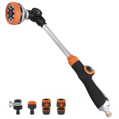 QWORK® Ducha de jardín de 47 cm con ducha de mano con 8 tipos de chorro - incluidos 2 conectores de manguera y 3 conectores de grifo - para riego, lavado de coches, ducha para mascotas