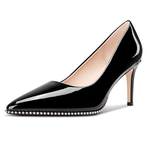 Castamere Women Beaded Pumps Pointed Toe Slip on Stiletto Mid Heels Basic Classic Dress Party Patent Leather 3.2 Inches Heels