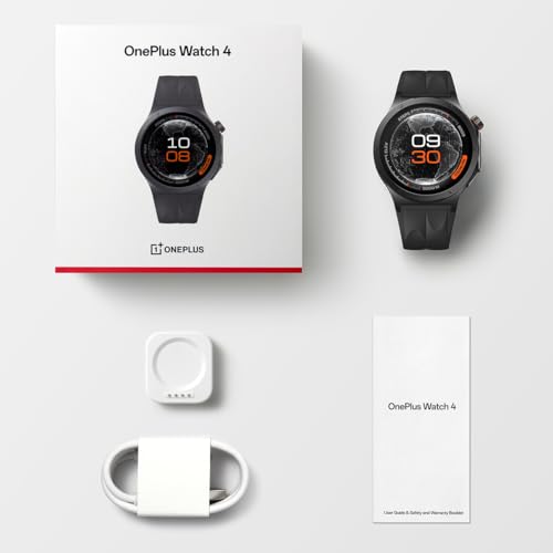 OnePlus Montre 4 Smartwatch 47 mm 32 Go ROM 2 Go Ram Bluetooth NFC GPS, montre intelligente 646 mAh jusqu'à 16 jours de batterie, 1,5" LTPO OLED 3000 nits Snapdragon W5 Wear OS 6.0 IP69 5 ATM (Noir)