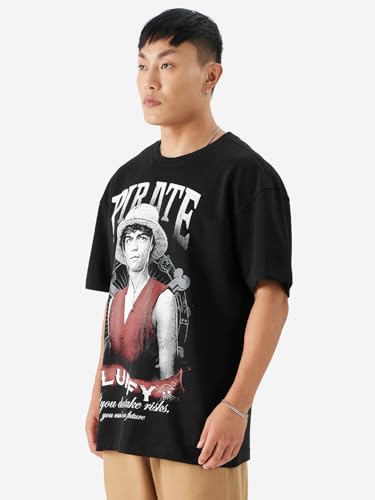 Image of The Souled Store Official One Piece: Luffy The Pirate King Men and Boys Short Sleeve Round Neck Black Graphic Printed Cotton Oversized T-Shirts