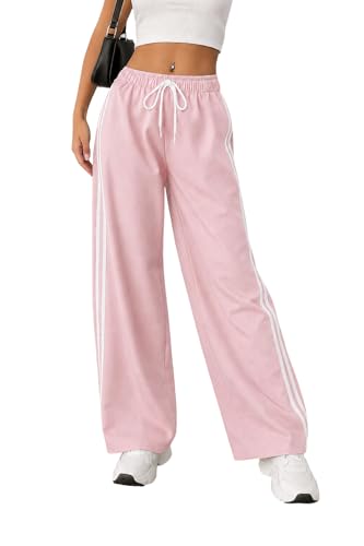 Image of SAKHWALA Women Track Pant | Women's Wide Leg Track Pants High Waist Drawstring Sweatpants with Side Stripes, Casual Loose Fit Lounge Joggers, Dark Grey