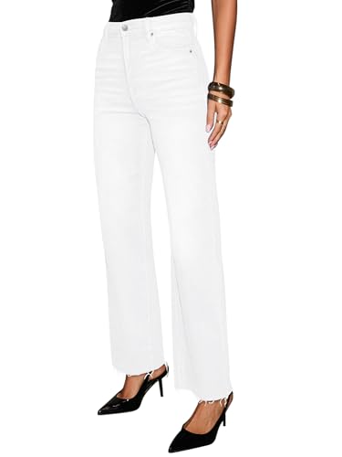 White Jeans Womens High Waisted Ankle Length Womens White Jeans Straight Leg Raw Hem Loose Stretchy Cropped Pants Wide Baggy Jean Size 143