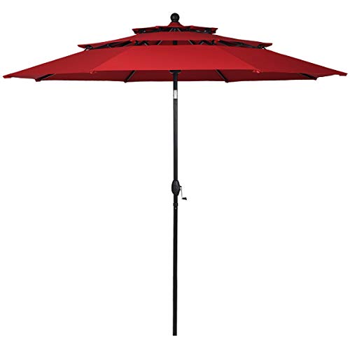 Tangkula 10 Ft 3 Tier Patio Umbrella, Outdoor Aluminum Double Vented Tilt Umbrella with Crank, for Market, Backyard, Poolside, Garden (Burgundy)