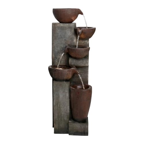 Image of SunJet 5-Tier Cascading Indoor /Outdoor Water Fountain with LED Lights - 39.7 inch High Large Waterfall Floor Standing Fountain for Garden, Patio, Yard, and Deck Decor - Relaxing Outdoor Water Feature