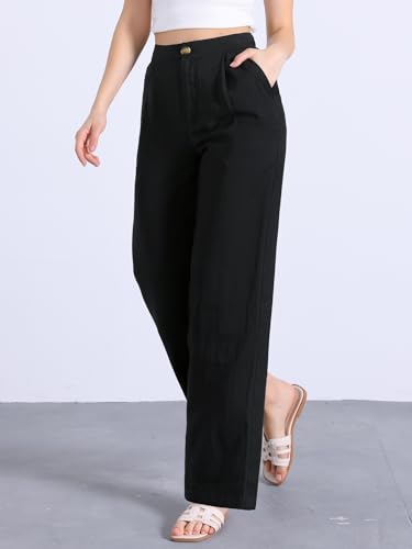 Allegra K Casual Linen Pants for Women Wide Leg High Waist Button Trousers with Pockets4