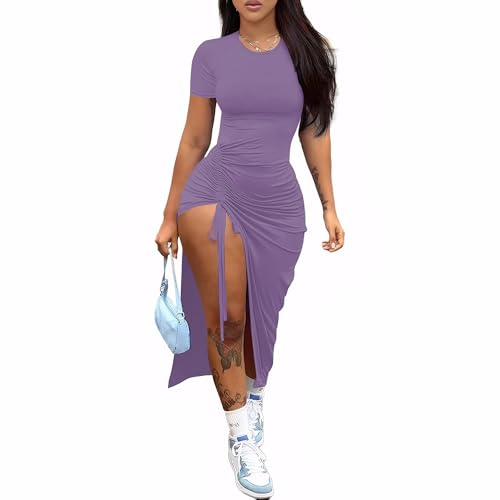 Image of Nimsruc Women Sexy Summer Dresses Short Sleeve Thigh-high Slit Ruched Bodycon Maxi Club Cocktail Party Dress
