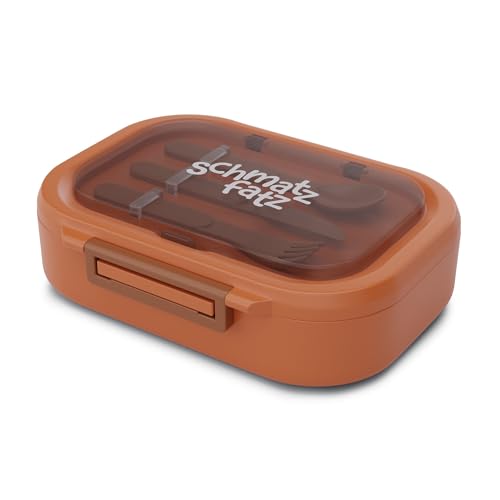 Schmatzfatz Fiambrera - Fiambrera Con Compartimentos, Hermética, Sin BPA, Incluye Cubiertos, Apta Lavavajillas, Tupper Compartimentos Para Trabajo & Viaje, 3 Compartimentos, Naranja