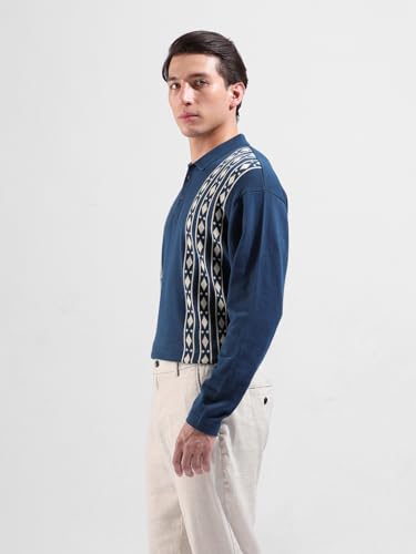 Image of The Indian Garage Co Men Oversized Fit Textured Flatknit Long Sleeve Polo T-Shirt