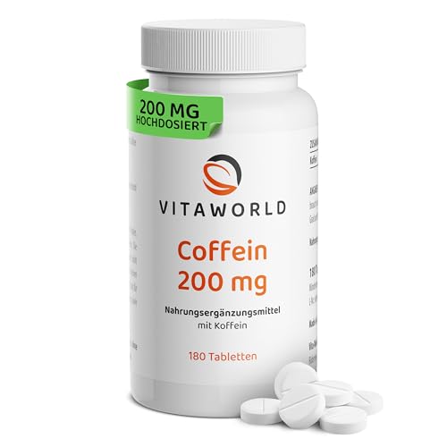 Coffein Tabletten - Koffeintabletten hochdosiert 200mg pro Tag als Wachmacher (180 vegane Tabletten) - ideal als Muntermacher für Fokus & Energie - laborgeprüft, ohne Zusätze, glutenfrei - vitaworld