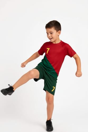 Image of Sports Soccer Football Portugal Jersey Ronaldo 7 Home Away Kit Jersey T-Shirt with Black Shorts(Kid's,Boy's & Men) M2