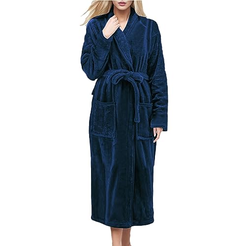 Albornoz de baño de felpa esponjosa de invierno con cordones y bolsillos, vestido de dormitorio para mujer, largo cálido, camisón de noche, comodidad, pijama de gran tamaño, ropa de dormir para