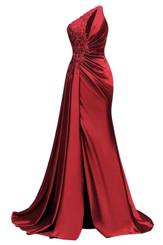 Womens One Shoulder Prom Dresses 2025 Elegant Mermaid Satin Ruched Formal Evening Dresses
