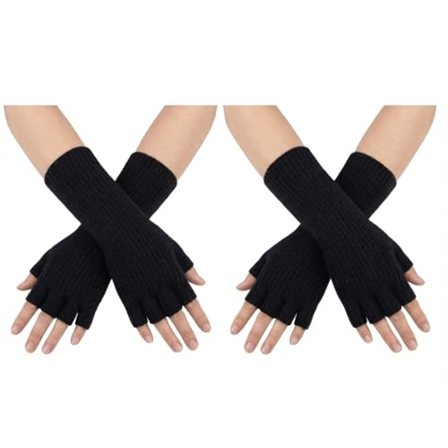 Pangda 2 Paar Unisex Fingerlose Handschuhe - Half Finger Dehnbar Strick Verlängern Handgelenk Winter Warme Handschuhe (Schwarz)