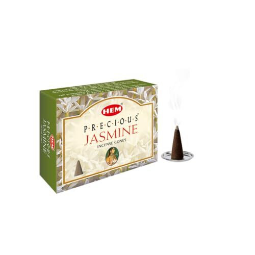 HEM Precious Jasmine Incense Cones – Pack of 12 Boxes (10 Cones Each) | Sweet Floral Aroma for Positivity, Calmness & Freshness | Handcrafted Natural Cones for Meditation, Relaxation & Home Fragrance