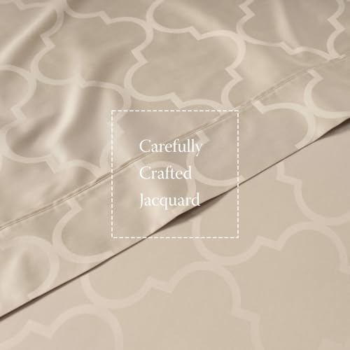 Image of Threadmill 300 Thread Count Cotton Full Sheet Set, Sateen, Damask, Beige | 100% Cotton, Sateen Weave, Damask Pattern, 4-Piece Set, 16 inch Deep Pocket, Cooling, Fade-Resistant, OEKO-TEX Certified