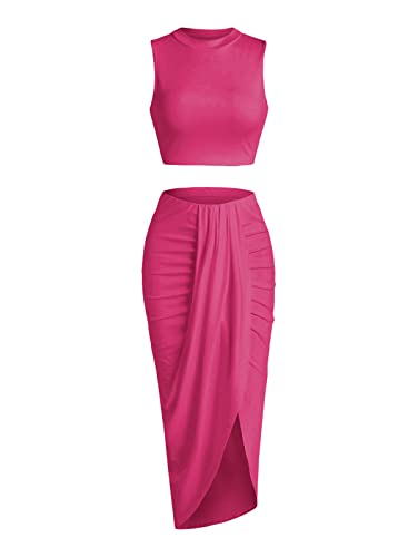 Image of ZAFUL Women's Casual Sleeveless Summer Two Piece Outfits Crop Top and Side Split Draped Ruched Maxi Skirt Set Solid Suiting
