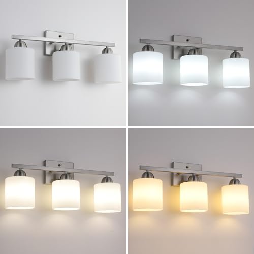 Image of Mecgirn Stainless Steel Milk Glass Vanity Lights for Bathroom, 3 Light Brushed Nickel Bathroom Light Fixtures Over Mirror, Ceramic E26 Sockets Wall Mounted