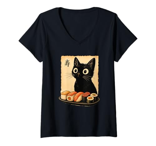 Femme Greedy Cat Sushi, style anime japonais vintage, chat gourmand T-Shirt avec Col en V
