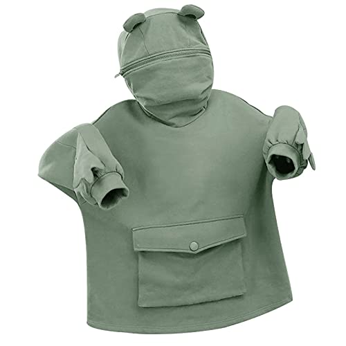 Pianshanzi Pull élégant à capuche pour femme - Motif grenouille - Avec poche - Couleur unie - Décontracté - Pour printemps et automne, vert, M