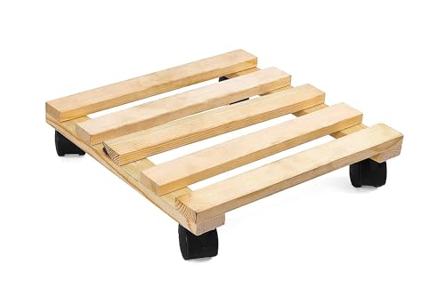 Image of UGAOO Wooden Plant Stand with Wheels | Wooden Plant Stand for Living Room | Wooden Planter Stand with Wheel | Square Rolling Plant Caddy for Indoor Outdoor Pots - 10x10 Inch (Set of 1)