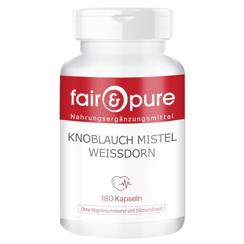 Fair & Pure Knoblauch Kapseln mit Mistel, Weißdorn und Vitamin C, 180 Stück, schluckfreundlich, veganes Nahrungsergänzungsmittel ohne Zusätze, in Deutschland hergestellt