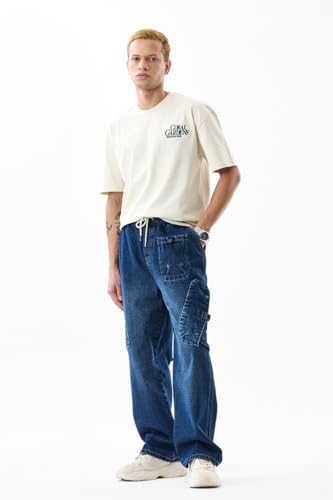 Image of SNITCH Men Cargo Pants | Relaxed Fit with Drawstring Closure & Multiple Utility Pockets | 100% Cotton Denim for Casual & Streetwear Styling