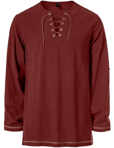 Image of JEMITOP Men's Pure Cotton Vintage Lace Up Shirts for Pirate Renaissance Viking Medieval Costume Without Belt