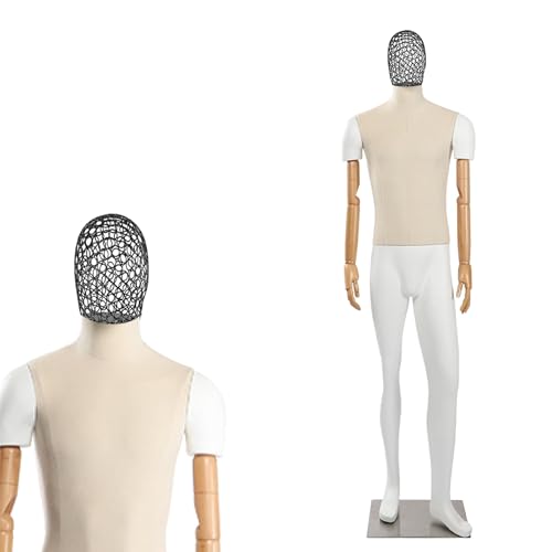 Male Mannequin with Black Wire Mesh Head & Articulated Wooden Arms - Industrial Fiberglass Dress Form, Linen Cover & Heavy Duty Base - Flexible Dummy for Modern Retail(Beige,Left Leg Bent)