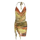 Novaorily Women Sexy Halterneck Mini Dress Hollow Out Colourful Mesh Floral Dress for Beach Party Night Yellow