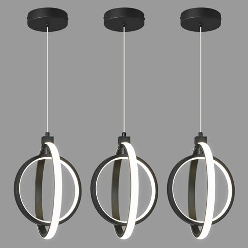 Image of Modern LED Chandelier Black Ring Pendant Light Fixtures 4000K Dimmable Height Adjustable Pendant Lighting for Dining Room Kitchen Island Bedroom Living Room Foyer(3-Pack)