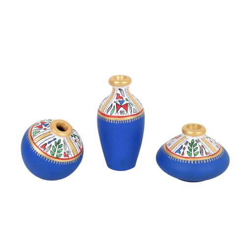 Image of Aakriti Art Creations Rustic Charm Trio Vase Set of 3 | Hand-Painted Warli Art Terracotta Vases in Blue | Matte Finish Decorative Vases for Living Room, Table Decor & Gifting