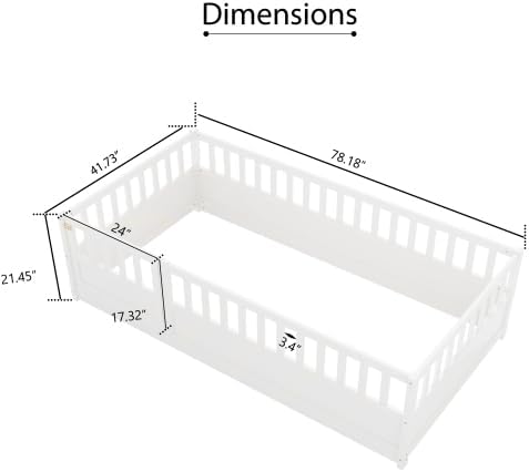 Twin Size Floor Bed, Integral Construction with Super High Security Barrier, Door, Children's Floor Bed Frame, Montessori Wooden Children's Floor Bed, White