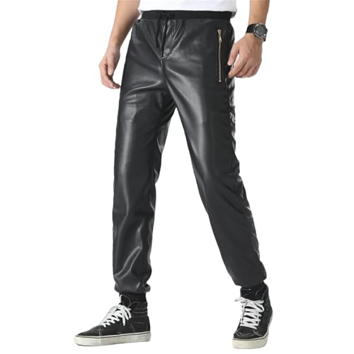 Men's Leather Jogger Pants Elastic Waist Pu Motorcycle Biker Style Casual Trousers Comfortable Slim Fit Streetwear