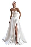 Satin Prom Dresses Ball Gown Strapless Bridal Gown with Slit Sweetheart Formal Evening Dress Size 6 Ivory