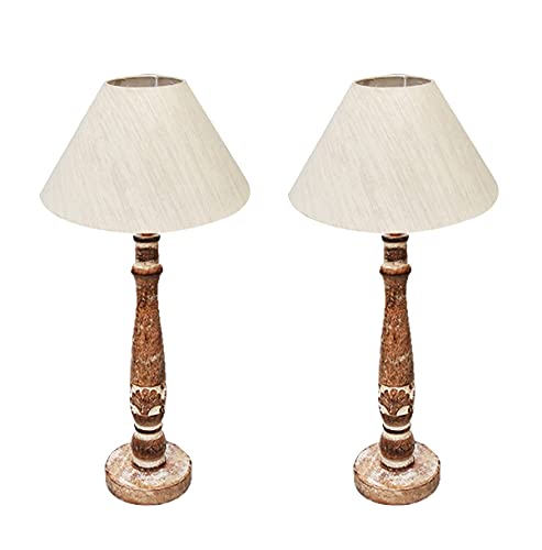 Image of LOGRO Pack of 2piece Antique Wood Fancy Night lamp Table Lamps for Bedroom with Khadi Shade | Vintage Night Lamp | Home Decor Items - Bulb Not Include
