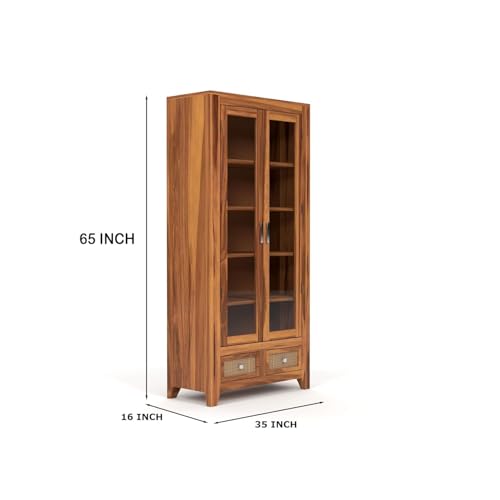 Image of Solid Sheesham Wood Book Cabinet with Acrylic Glass Doors | Rosewood Display Storage Unit with Shelves & Drawers for Home & Office | Louge (B-Honey)