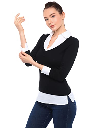 AmélieBoutik Women Faux Shirt 2 in 1 Style Long Sleeve Pullover Blouse Top3