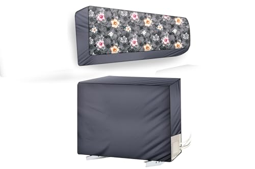Image of The Furnishing Tree Split AC cover for indoor and outdoor unit of 1 ton waterproof and dustproof Grey Floral pattern