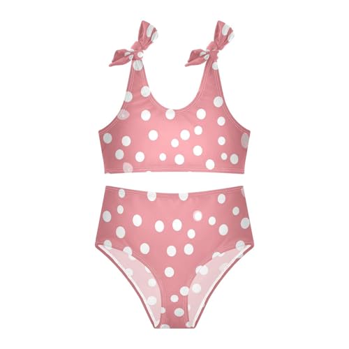 White Polka Dot Red Background Girls' 2 Piece Kids Bikini Set Scoop Neck Swimsuits Swimming Suits Cute Shoulder Strap3