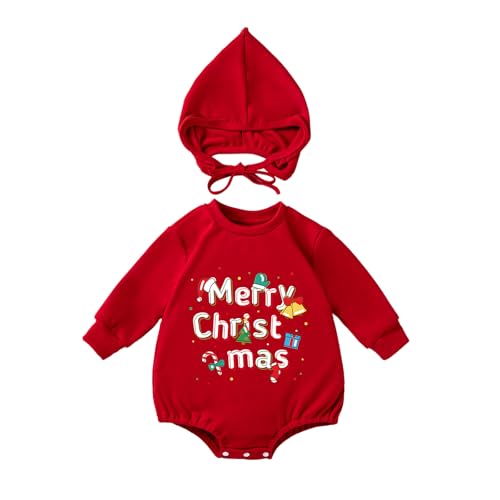 Fnaobai Conjunto de Navidad para bebé recién nacido Niña y Niño Romper con sombrero Otoño Invierno Mameluco de manga larga Suéter lindo Ropa bonita, rosso, 3–6 Months