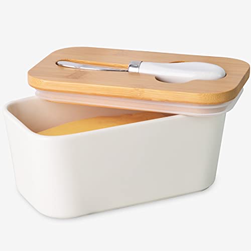 Roysili Large Butter Dish With Lid And Knife, Covered Butter Dish For Countertop, Butter Keeper Holds Up To 2 Sticks Airtight Ceramic Butter Holder White