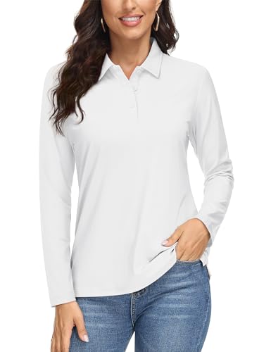 Magcomsen Women'S Long Sleeve Polo Shirts Quick Dry Athletic Collared Golf Tops For Work Upf 50+ Moisture Wicking White
