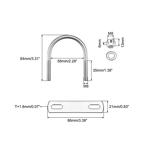Image of uxcell Round U-Bolts, 58mm(2.28 inch) Inner Width 84mm Length M8 304 Stainless Steel U Clamp Bolt with Nuts Washers and Plates, for Boat Trailer