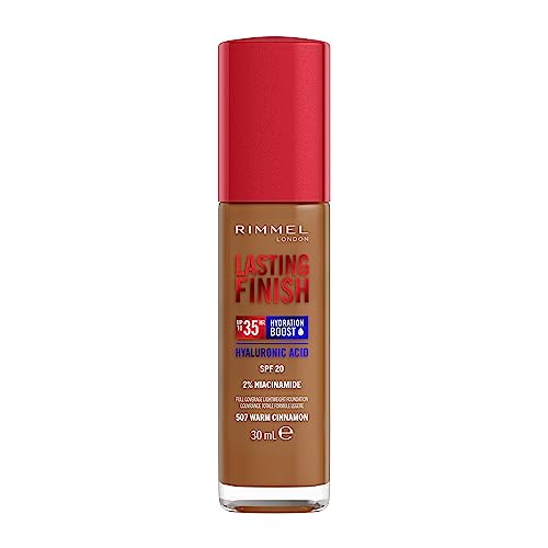 Rimmel Lasting Finish 35Hr Foundation 507 Warm Cinnamon, Full Coverage, Hydrating, SPF20, Hyaluronic Acid, Vitamin E