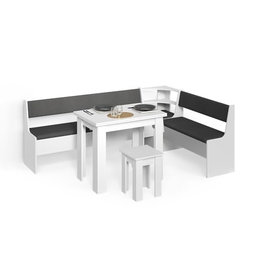 Livinity Conjunto con Banco esquinero Tiberio, Blanco, 210 x 150 cm con Mesa
