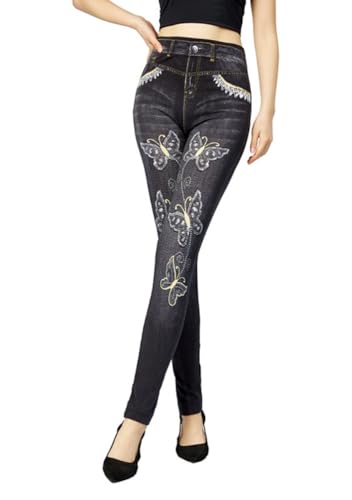ORANDESIGNE Leggings Imprimés Denim Femme Leggings Imitation Jeans Taille Haute Legging Sport Stretch Jeggings A Noir XXL