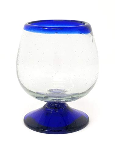 Mexican Hand Blown Glass – Set of 4 Hand Blown Cognac Snifter Glasses - Cobalt Blue Rim