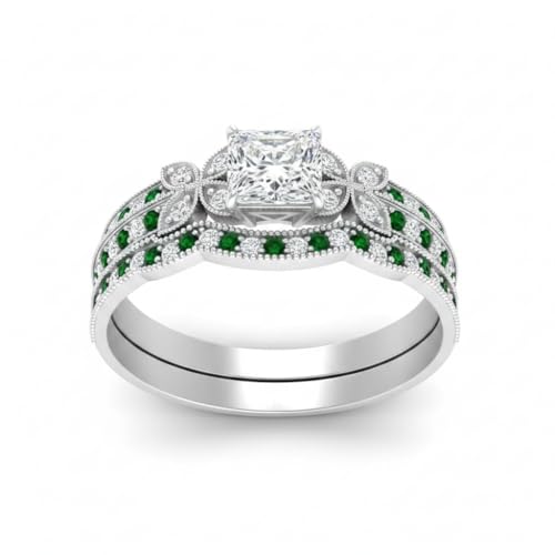 Image of Choose Your Gemstone Milgrain Petal Diamond CZ Wedding Ring Set 925 Sterling Silver Princess Shape Wedding Ring Sets Lightweight Office Wear Everyday Gift Jewelry US Size 4 to 12
