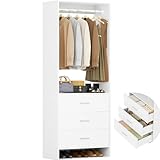 Aheaplus 2FT Closet System with 3 Drawers, 24’’ Closet Organizer, Wood Closet Organizer System, Walk-in Closet or Small Closets Wardrobe, Clothes Rack with Hanging Rods,-E6, White